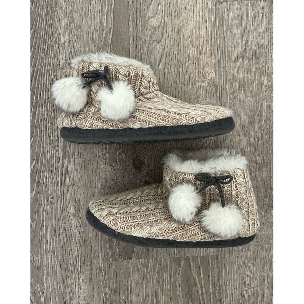 cuddl duds Cable Knit Slipper Bootie Pom Pom Faux Fur Warm Indoor Shoes Size